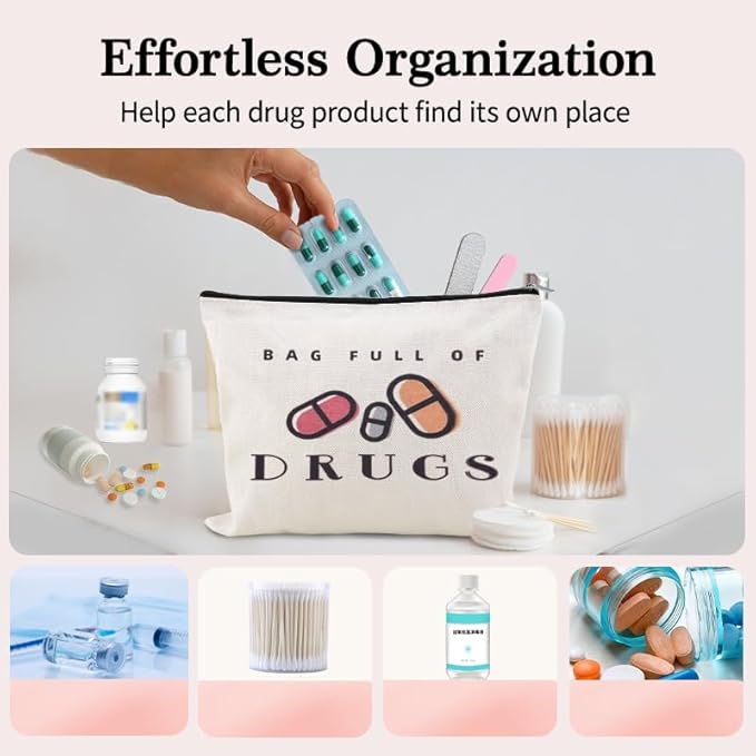 Funny Medicine Travel Bag Pill Pouches for Women Patients Medication Organizer Storage Bag Pharmacist Nurse Doctor Med Pouch Practitioner Dental Assistant Gifts Makeup Cosmetic Bags Med Toiletry Pouch