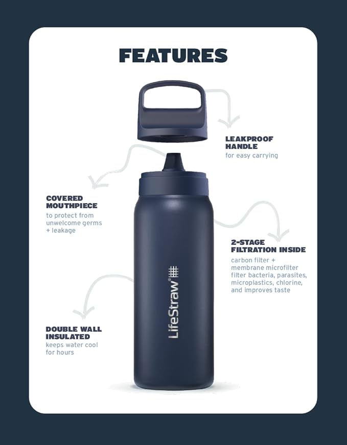 LifeStraw Go Series – Insulated Stainless Steel Water Filter Bottle for Travel and Everyday Use, Removes Bacteria, Parasites and Microplastics, Improves Taste, 24oz Orchid Pink