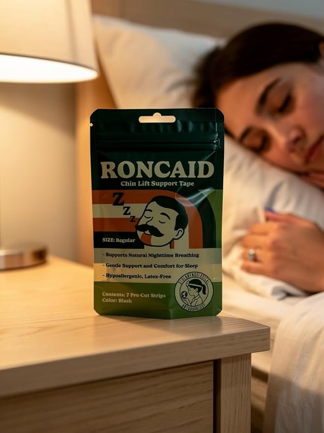 Roncaid Chin Lift Support Tape for Sleep - Black - 7 Pre-Cut Strips - Hypoallergenic, Latex-Free - Natural Nighttime Breathing Support (Xtra Large)