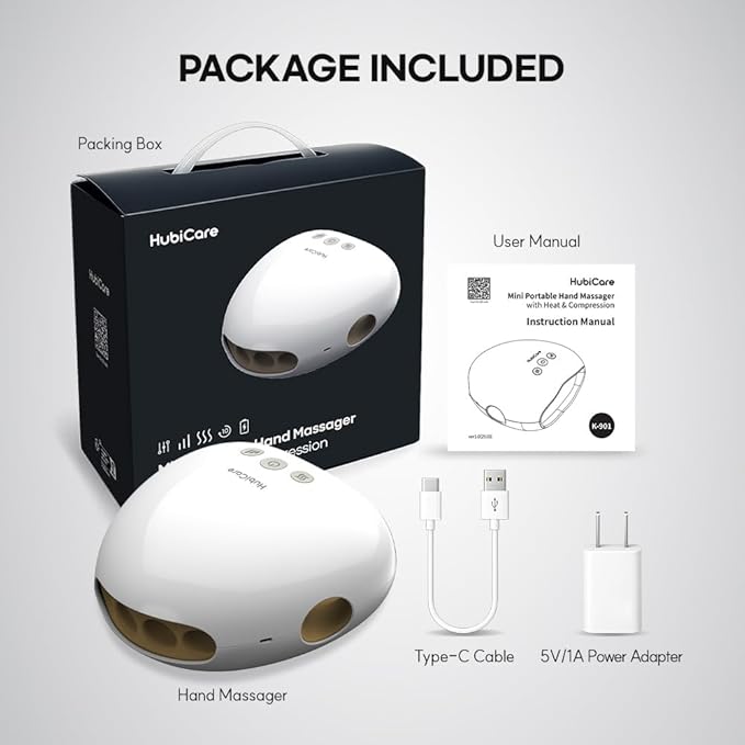 HuBDIC HubiCare Portable Hand Massager with Individual Finger Massage, Cordless Heat & Compression for Finger Numbness & Arthritis Relief, Compact Travel & Gift Design for Love Ones