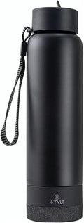 TYLT Smart Water Bottle with Bluetooth Speaker, Wireless Stainless Steel Insulated Travel Tumbler with Flip Straw, Rechargeable, Portable, Double Layered, 24oz (Black)