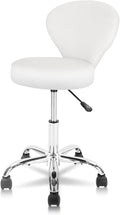 Adjustable Swivel Rolling Stool Chair with Backrest and Wheels, Multi-Purpose Office Desk Chair, Thick Seat Cushion for Home Bar Kitchen Shop, White
