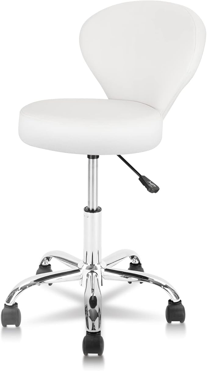Adjustable Swivel Rolling Stool Chair with Backrest and Wheels, Multi-Purpose Office Desk Chair, Thick Seat Cushion for Home Bar Kitchen Shop, White