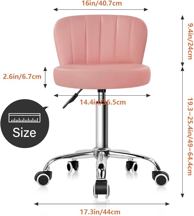 KKTONER Rolling Stool with Backrest Height Adjustable Office Chair PU Leather Swivel Vanity Chair with Wheels (Pink)