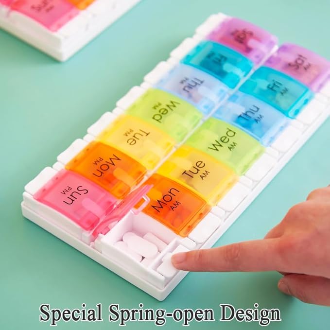 Push Button 7-Day Pill Case, Daily Medicine Planner, Travel Vitamin Organizer, Twice a Day AM PM 14 Compartments Pill Box Reminder for Fish Oil, Supplement, Arthritis Friendly, Colorful Lids