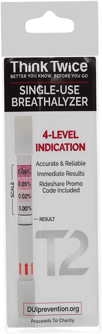 Think Twice Single-Use Breathalyzer - 10 Count - Disposable Alcohol Test 0.00% - 0.08% BAC