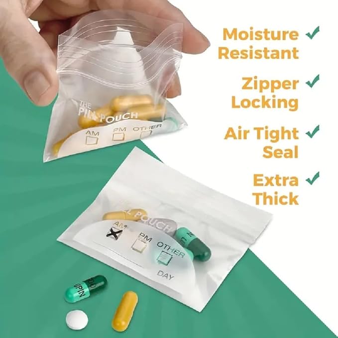 200 Piece Resealable Zipper Locking Pill Pouches - Daily AM PM Travel Medicine Organizer, Clear Reusable Write-On Labels for Vitamins and Medications