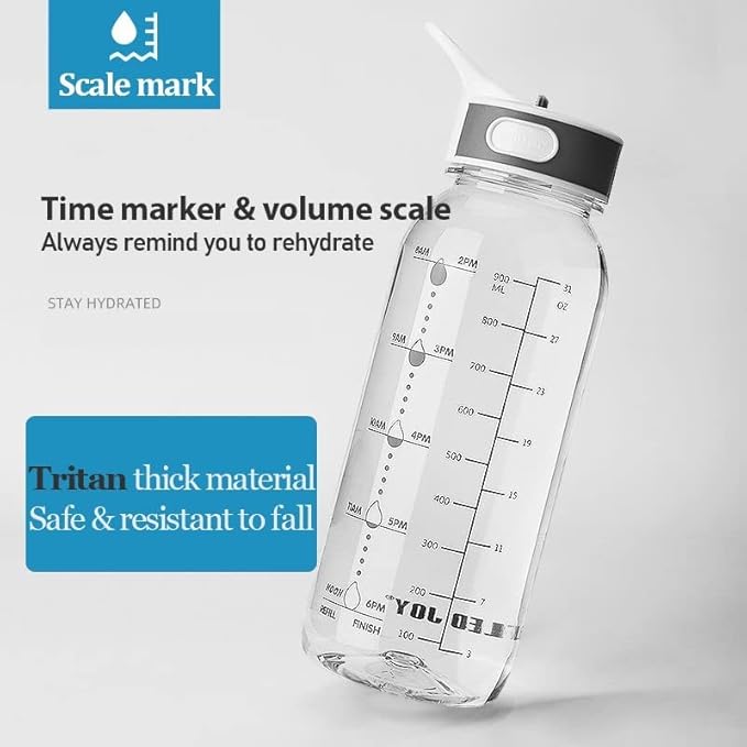 1L Clear Water Bottle, 32oz Motivational Water Bottle with Straw, Bottle Joy Sports Water Bottle with Time, Tritan Leakproof Markers-BPA-Free Jug, Buckle Drinking Bottles for School, Outdoor Gym