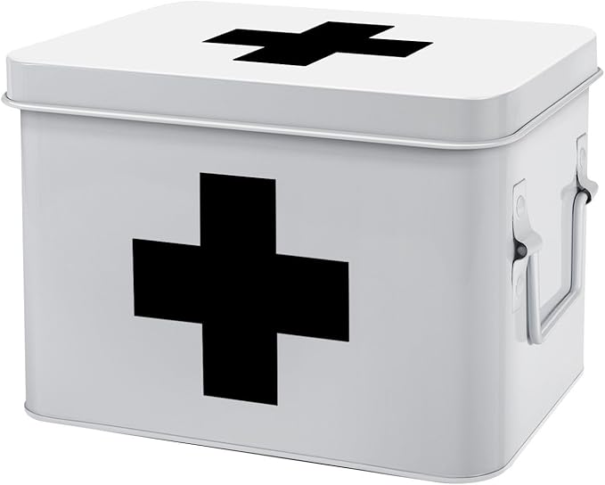 Flexzion First Aid Medicine Box Supplies Kit Organizer - Empty 8" White Metal Tin Medic Storage Bin Hard Case with Removable Tray Gold Cross, Vintage Antique Boxes for Home Family Emergency Tool Set