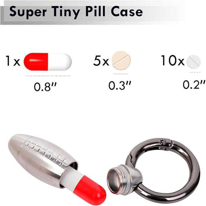 Tiny Keychain Pill Holder, Mini Pill Case Pendant, Small Metal Pill Box Micro Pill Container for Travel Purse Pocket (Silvery, Mini)