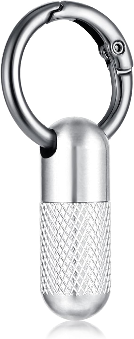 Small Pill Case Keychain Tiny Portable Carabiner Clip Pill Holder Bottle Micro Waterproof Metal Pill Container Mini Emergency Medicine Organizer (Silver Reticulation)