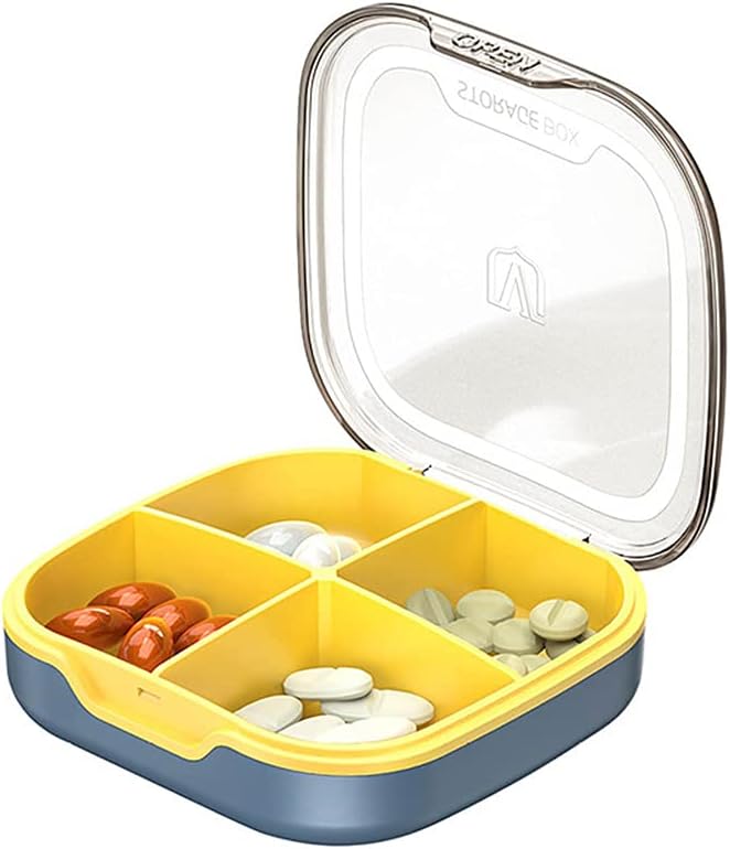 Pill Organizer for Purse, Square Pill Case Pill Box Travel with 4 Compartment, 4 Colors Portable Cute Daily Pill Box Pill Holder Small, Pill Container for Purse, Pill Case Small, Vitamin Organizer