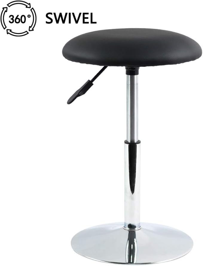 FURWOO Short Round Spa Stool Height Adjustable Swivel Bench for Bedroom Living Room Black PU Leather