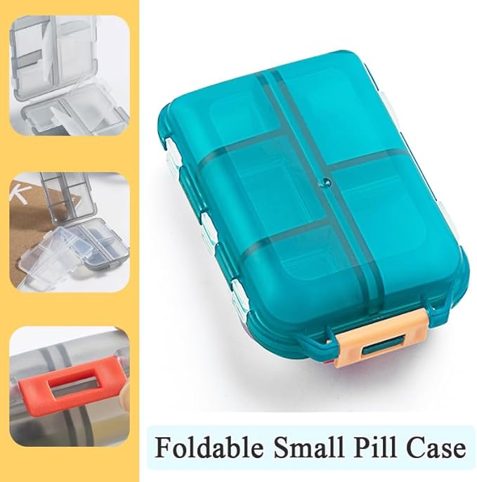 Daily Travel Pill Case Organizer, Small 10 Compartments Medicine Box Dispenser, Compact Purse Portable Pill Reminder Perfect for On-The-Go Storage Vitamin, Fish Oil, Calcium Tablet, Green