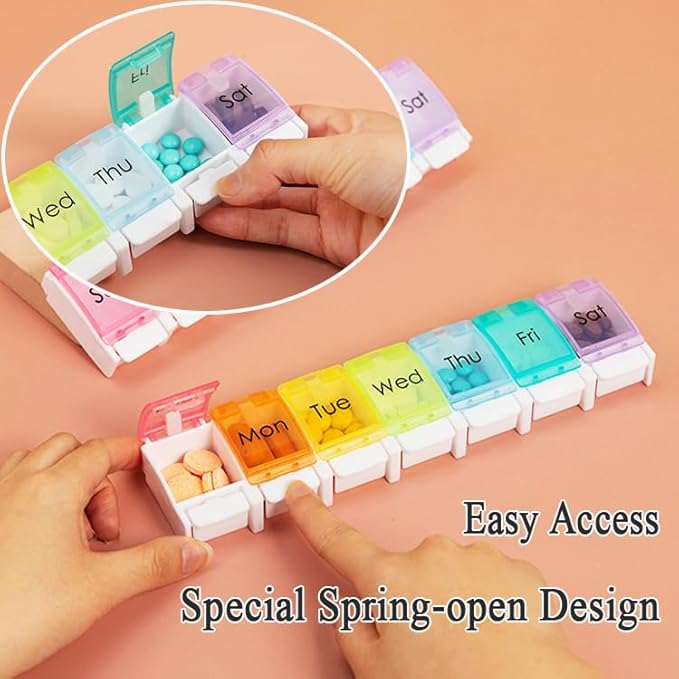 7 Day Pill Case Organizer, Large Medicine Box Dispenser Daily, Colorful Travel 7 Dividers Vitamin Holder with Easy Push Button for Medication, Supplement, Fish Oil, Cod Liver Oil, Capsules