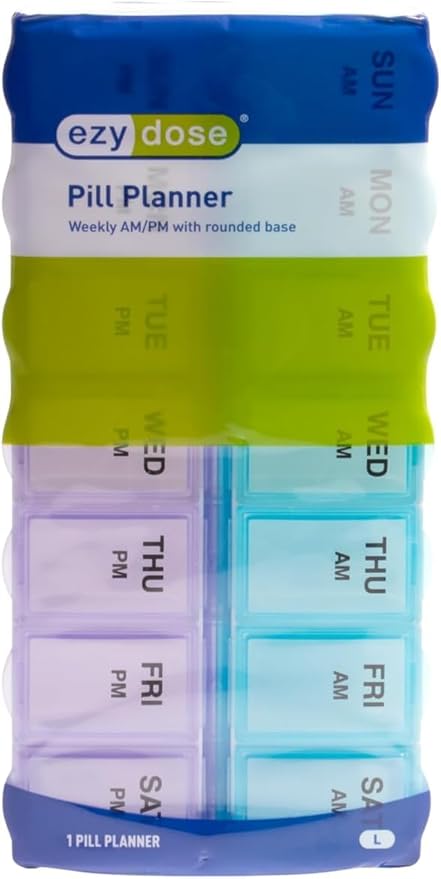 EZY DOSE Weekly (7-Day) AM/PM Daily Pill Case, Medicine Planner, Vitamim, Fish Oil, Supplements Organizer Container, Large Compartments, 2 Times a Day, Blue and Purple Lids, BPA Free