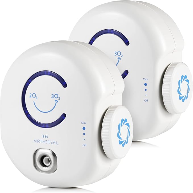 Airthereal B50 Mini Ozone Generator Air Purifier- Removes Odors and Sterilizes Air in Small Spaces Up To 320 Sq Ft - Plug in Mini Air Ionizer, Adjustable Ozone Output of 10-50 mg/h, 2-Pack