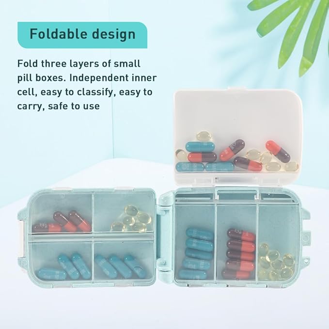 4Pcs Pill Organizer,8 Compartments Portable Pill Box,Travel Pill Box,Three Folding Design Daily Pill Organizer for Pocket Purse Medicine Vitamin Holder Container(Pink,blue)