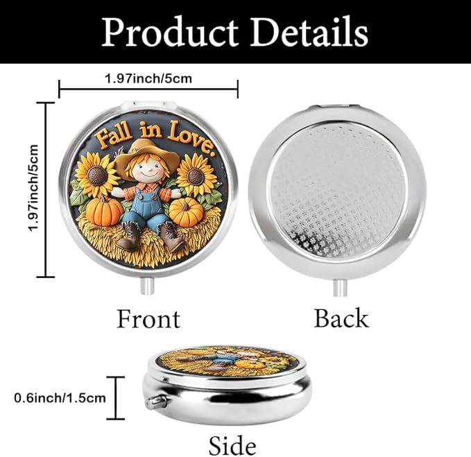 Portable Round 3 Compartment Metal Pill Box Fall Scarecrow Sunflowers Pumpkins Print Ideal for Kitchen Office Coffee Cafe Use