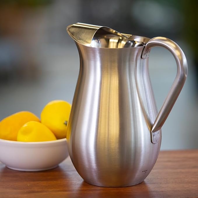 Service Ideas WPB2BS Water and Cold Beverage Pitcher with Built-in Ice Guard, Bell Shaped, 2 Liter (66.6 ounces), Dishwasher Safe, Brushed Stainless Steel