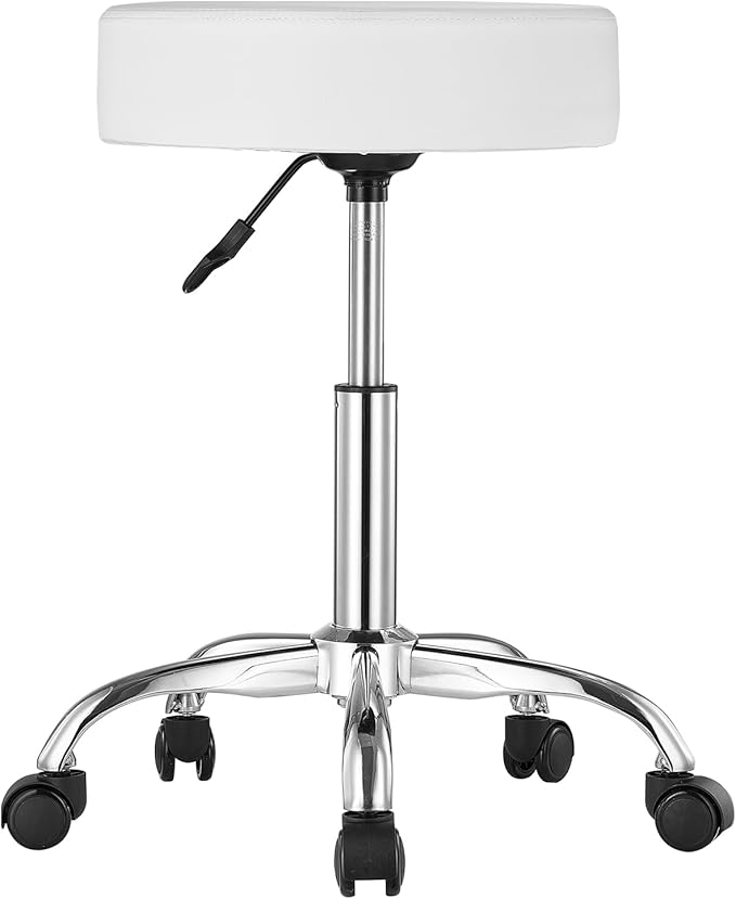 VEVOR Rolling Stool with Wheels, 450 LBS Weight Capacity Round Rolling Stool Chair, Height Adjustable Thickened PU Leather Swivel Stool for Salon, Spa, Massage, Tattoo, Clinic, White