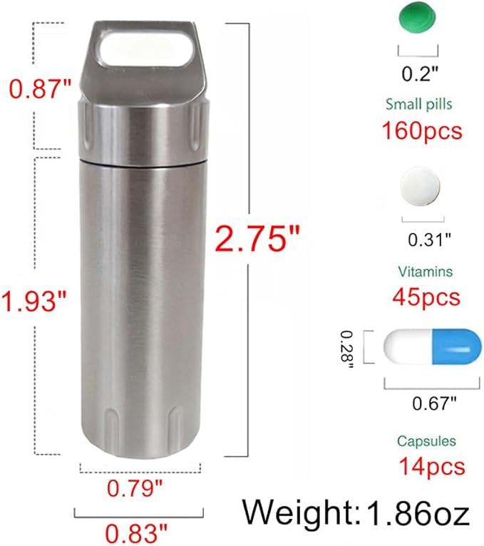 High Capacity Stainless Steel Keychain Pill Holder – Portable Pill Container Waterproof Pocket Pill Case Pill Organizer to Hold Pills, Vitamins, Fish Oil, Supplements