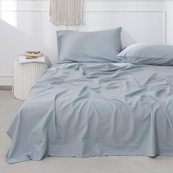 Simple&Opulence Belgian Linen Sheet Set Solid Color - 4 Pieces (1 Flat Sheet, 1 Fitted Sheet & 2 Pillowcases) Natural Flax Cotton Blend Soft Breathable Farmhouse Bedding - Queen Size, Dusty Blue