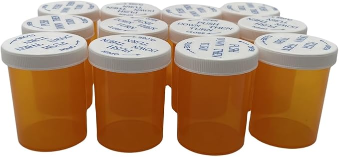 Empty Plastic Medicine Pill Bottles with Child Resistant Caps, 30 Dram Amber Plastic Vial Travel Pill Case Organizer, Pack of 12 (30 Dram)