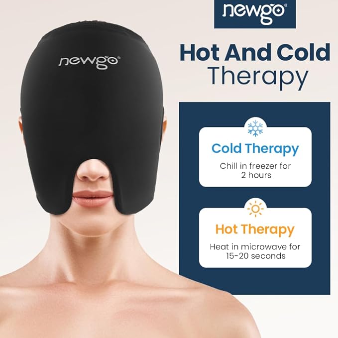 NEWGO Migraine Headache Relief Cap, Soft Head Ice Pack Wrap Migraine Gel Ice Cap with Full Coverage and Ear Outcuts for Tension Headaches