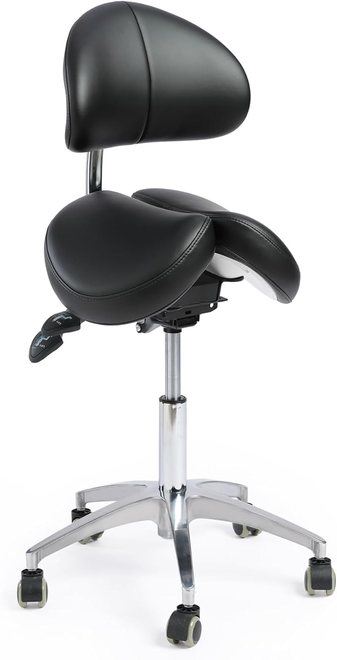 Saddle Stool with Wheels,Rolling Stool with Back Support&Split Seats,Ergonomic Stool Saddle Stool for Hair Stylist for Dentist Salon Tattoo(Black with Split Seats)