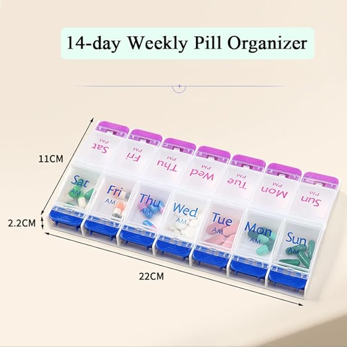 Daily Pill Case Organizer, 7-Day Weekly Medicine Planner Organizer, AM PM, Large Tray 14-Compartment Meds Box Container Holder for Medication, Vitamin, Supplement, Fish Oil, Purple + Blue
