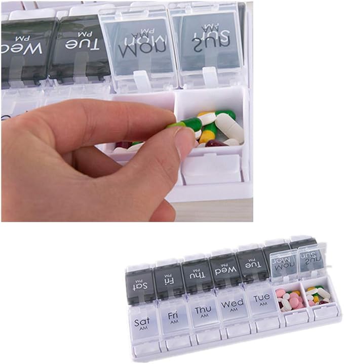 Pill Box Organiser 7-Day Weekly for AM PM Day Night Twice a Day, Pill Case with 14 Compartments for Vitamin Capsule Supplements Press Open Black-White (2time1day-blk)