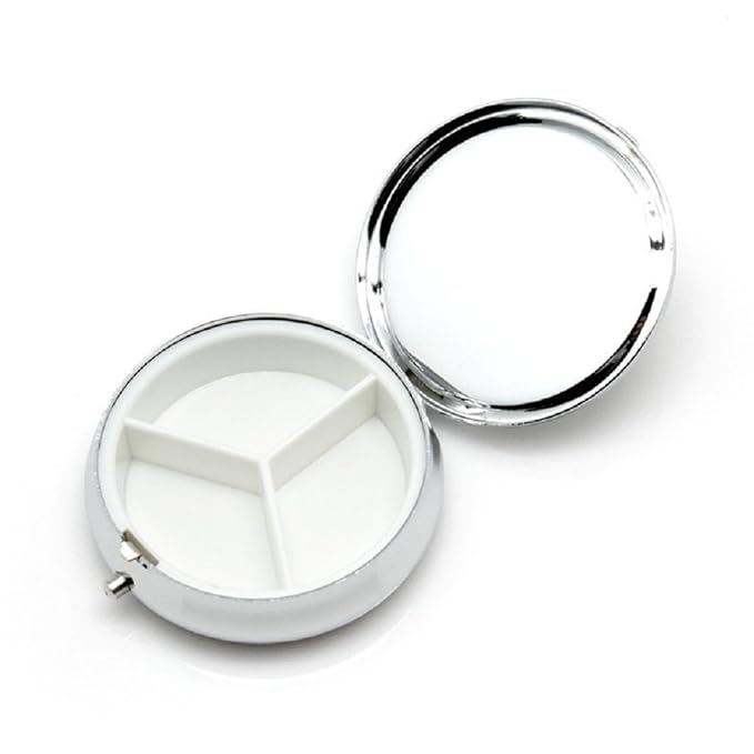 Pill Box Round Metal Pill Case Portable Mini Silver Medicine Drug Holder Container Organizer with 3 compartments for Travel Outdoor Use Pack of 2