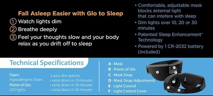 Sound Oasis Deluxe Glo to Sleep Natural Sleep Eye Mask, Deep Sleep, Block Out All Light, Comfort Eye Shade, Blue Glo Points Slow Brainwaves, Adjustable Brightness & Auto Dim to Relax & Sleep, Black.