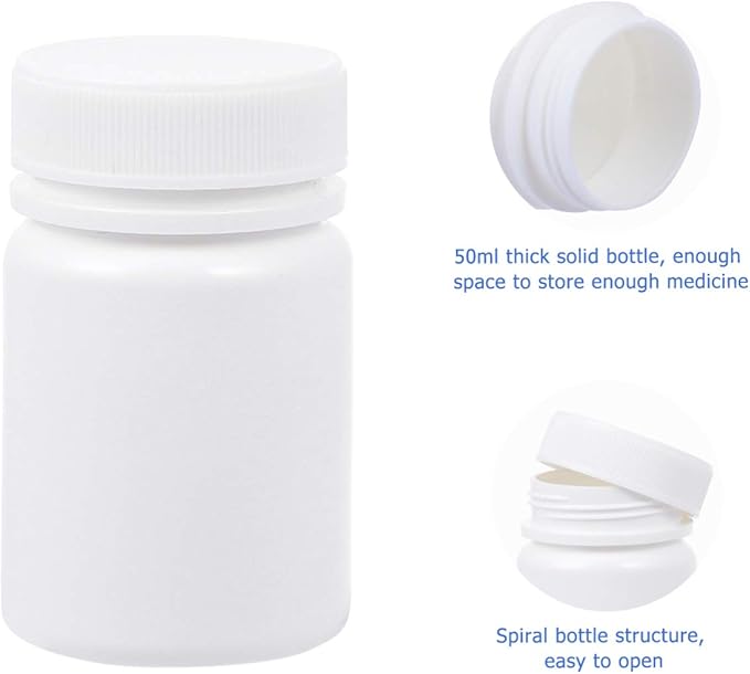 20 Pcs Empty Pill Bottles, 50ml Small White Plastic Medicine Containers with Lids, Portable Travel Pill Holder for Medication, Vitamins & Crafts