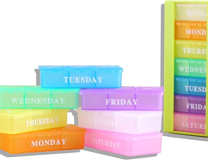 Medicine Organizer with 7 Small Pill Organizers 3 Times a Day Large Stackable Pill Dispenser for Supplement Vitamin Pills (Green, 2PCS)