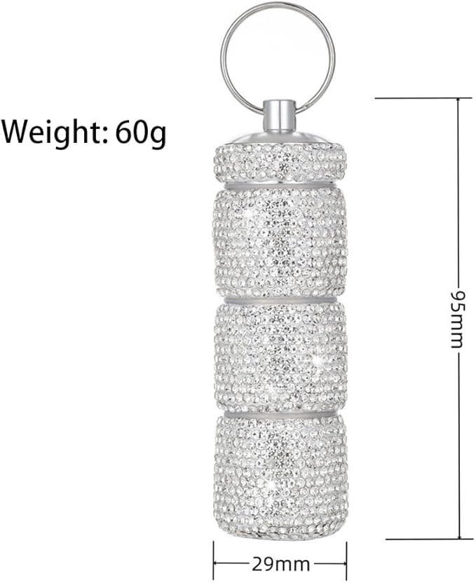 Rhinestone Mini Pills Organizer with Keychain, Portable 3 Compartment Small Travel Pill Holder, Waterproof Medicien Case Dispenser Bottle, Crystal Pocket Pill Box (White)