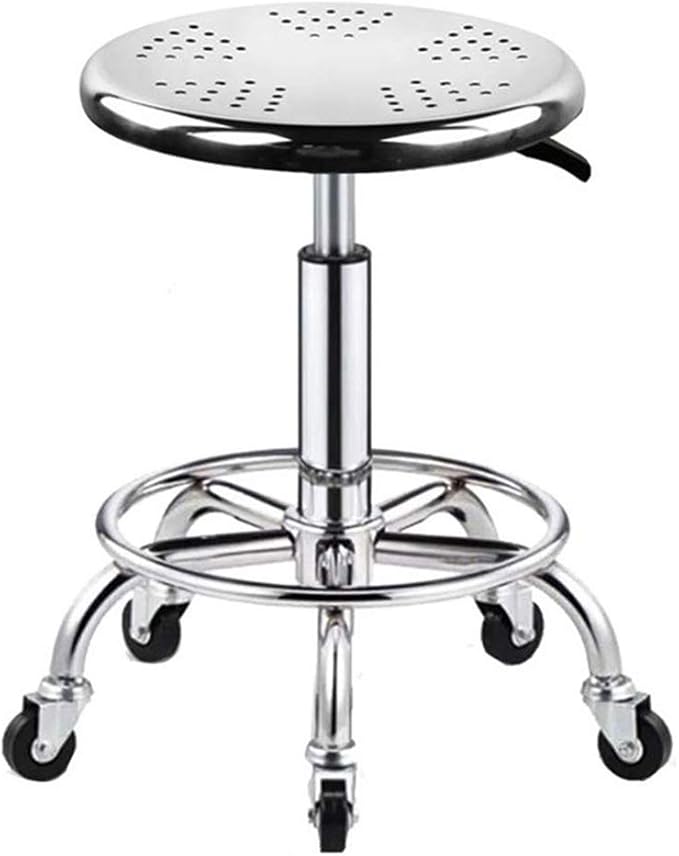 Heavy Duty Stainless Steel Stool for Work Bench, Adjustable Swivel Stool with 5 Wheels, 304 Stainless Steel Structure, Round Cushion, Load-Bearing 440 Ib