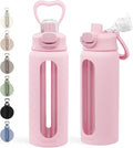 SANDJEST Glass Water Bottle with Silicone Sleeve 24oz with Lid, Motivational Time Marker, Drinking Hydration Glass Bottles for Men Women, Gym Travel Sports (Pink)