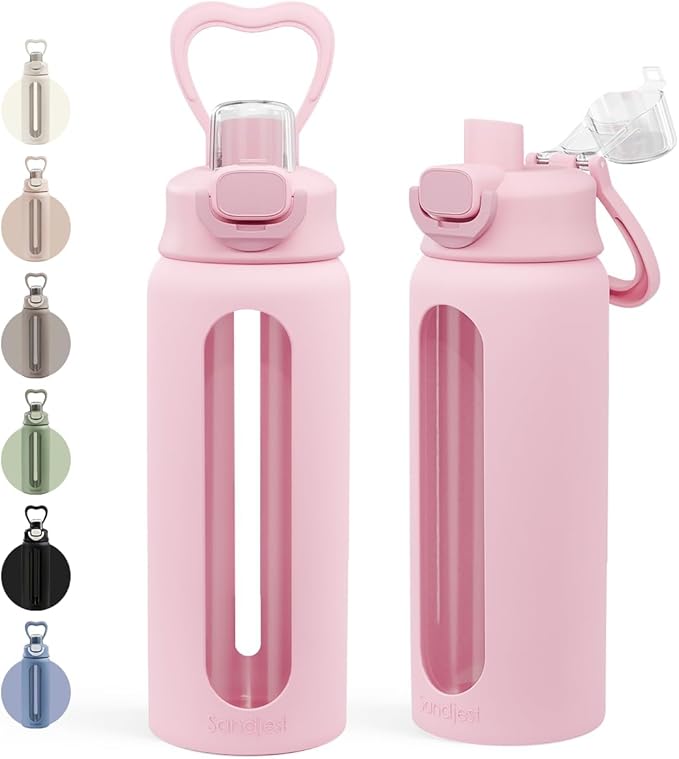 SANDJEST Glass Water Bottle with Silicone Sleeve 24oz with Lid, Motivational Time Marker, Drinking Hydration Glass Bottles for Men Women, Gym Travel Sports (Pink)