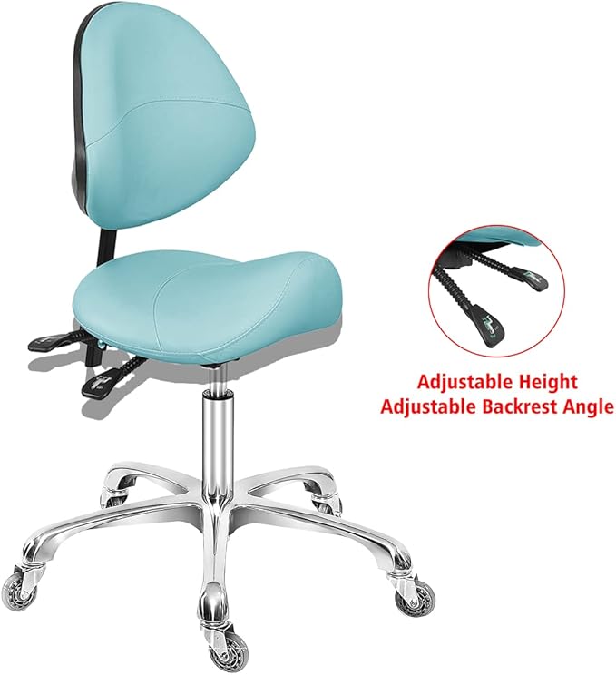 Antlu Saddle Stool Dental Hygienist Chair with Back Support, Rolling Esthetician Saddle Stool for Lash Salon Tattoo Shop Spa Dentist Clinic (with Backrest, Cyan)
