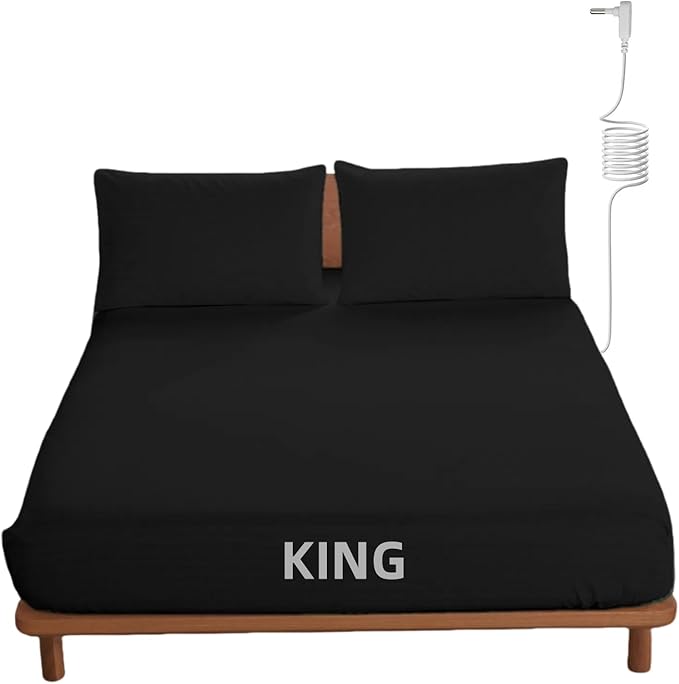 OKOHEY Grounding Fitted Sheets with 15ft Earthing Cord, King Size, 90% Organic Cotton + 10% Silver Fiber, Soft & Breathable Grounded Sheet for Better Sleep and Enhanced Wellness, Black