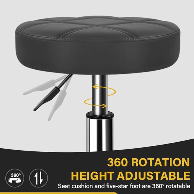 Round Rolling Stool with Footrest PU Leather Height Adjustable 360° Swivel Stool with Wheels Office Chair Home Drafting Work Studio Shop SPA Salon Small (Grey)