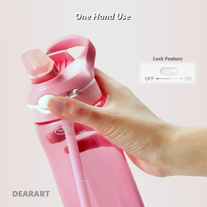 DEARART 24oz Water Bottles With Straw, 100% Leakproof BPA FREE Hidden Nozzle, Flip Up Lid Clear Water Bottle With Handle, Wide Bottle Easy Clear, Suit Office Gym Yoga Sports Travel, Pink