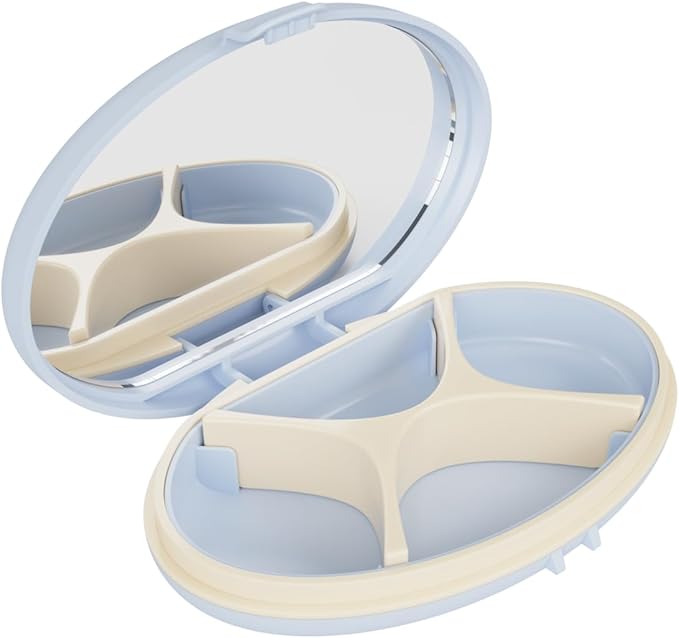 EQUADOSE Oval Compact Pill Case, Portable Organizer with Mirror, Travel Medication Holder with Removable Divider, Small Storage Case for Pills, Vitamins, Earbuds, Jewelry & Daily Essentials, Blue