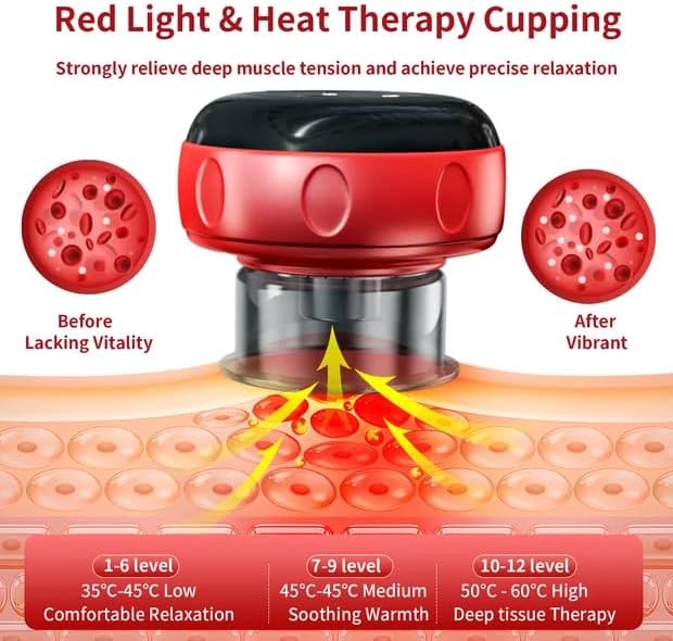 5-in-1 Smart Dynamic Cupping Therapy Massager Set, 12 Levels Heat & Suction Cupping Kit for Massage Therapy, Electric Cupping Device with Red Light Therapy for Back Pain, Knots, Muscle Soreness (Red)