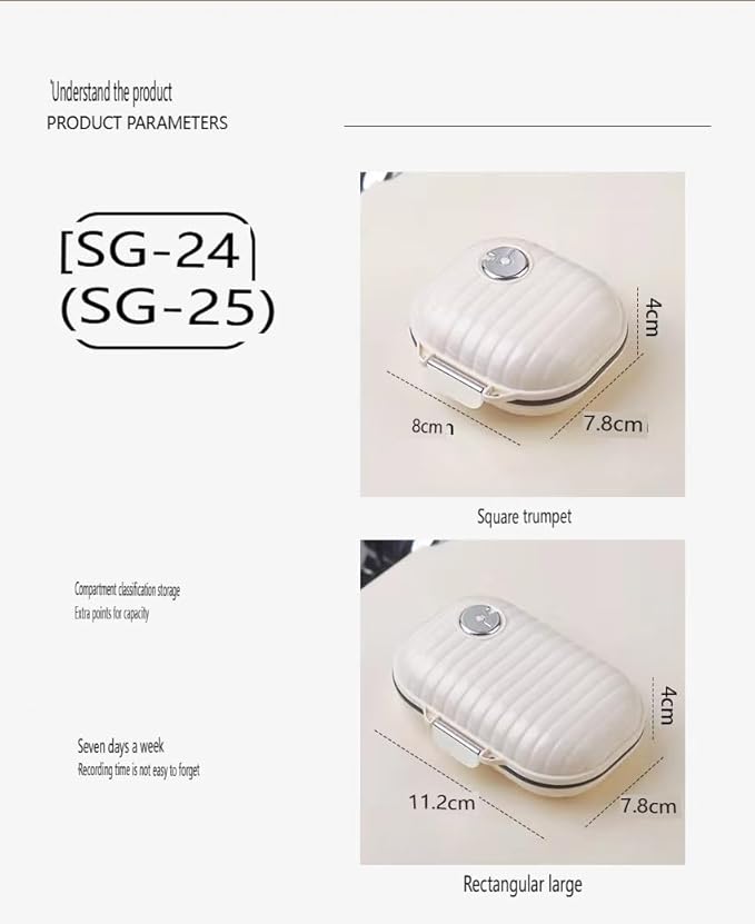 Pill Organizer Case with Carabiner, 7 Compartments,Compartmentalized Dispenser for Men and Women, Beige(Small Milk White)