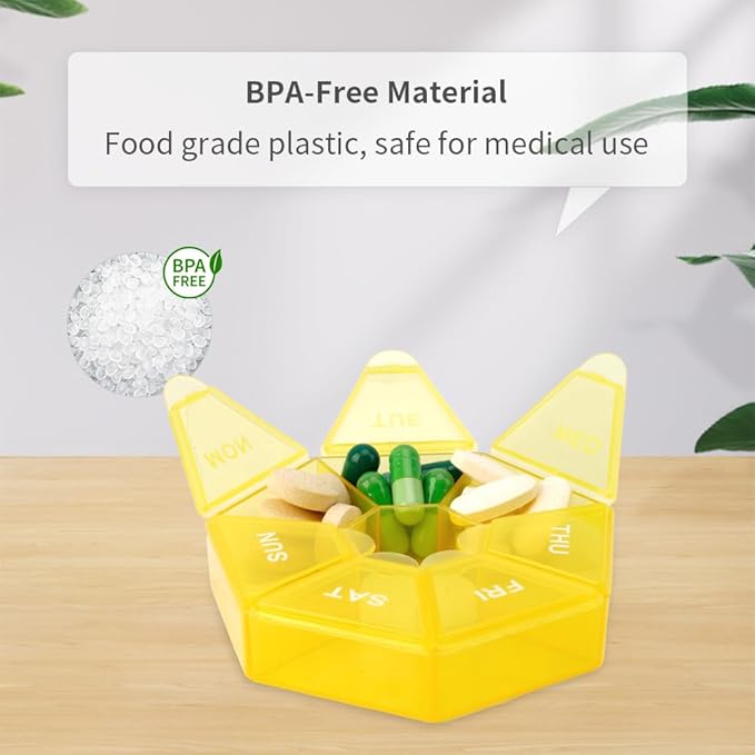 Pill Organizer, Pill Box, Small Pills Case, Medicine Organizer 1 Time a Day,Medicine Holder Container,Weekly Pills Organizers, Daily Travel Medicines Container 7 Day (Yellow)