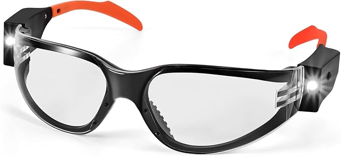 Rechargeable LED Safety Glasses for Mechanics | Ultra-Bright Built-in Work Light, Anti-Fog Clear Lenses | for Auto Repair, Under-Hood & Dark Workspaces