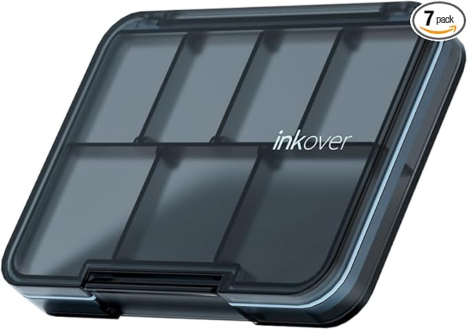 Small Pill Organizer, Waterproof & Portable Pill Case for Daily Travel - Adjustable 7 Compartments Compact Medicine Holder for Vitamins, Pills, Perfect for Purse or Pocket (Black)